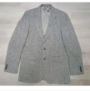 Vintage Harris Tweed Herringbone Grey Mens 42 Long Scottish Wool Blazer Coat